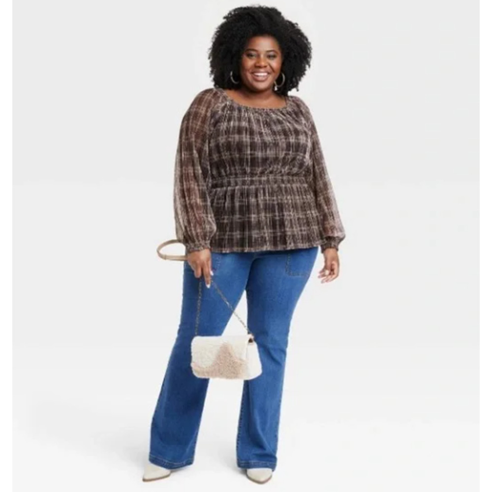 Knox Rose Blouse Womens 2X Brown Plaid Gold Shine Metallic Long Sheer Sleeve Top